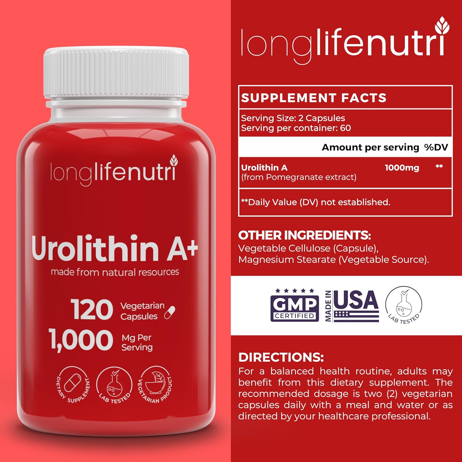 Urolithin A+ 1000mg Supplement - Advanced Formula, 120 Vegetarian Capsules, 2-Month Supply, Pomegranate Extract for Healthy Aging & Longevity, Lab Tested, Organic, Made in USA