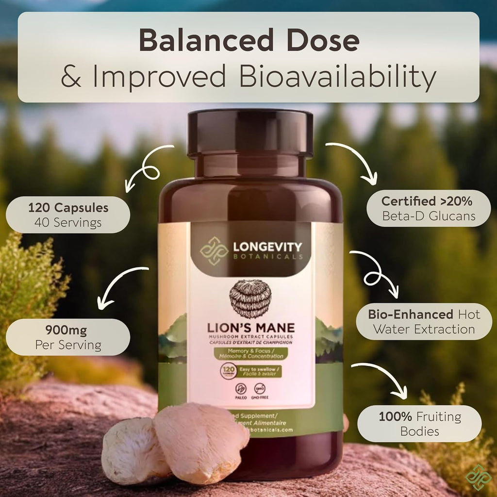 Longevity Botanicals Lion’s Mane Mushroom Extract Capsules (120) | Concentrated 8:1 Ratio | 100% Fruiting Bodies | Hericium Erinaceus Nootropic Supplement for Focus, Memory & Brain Support