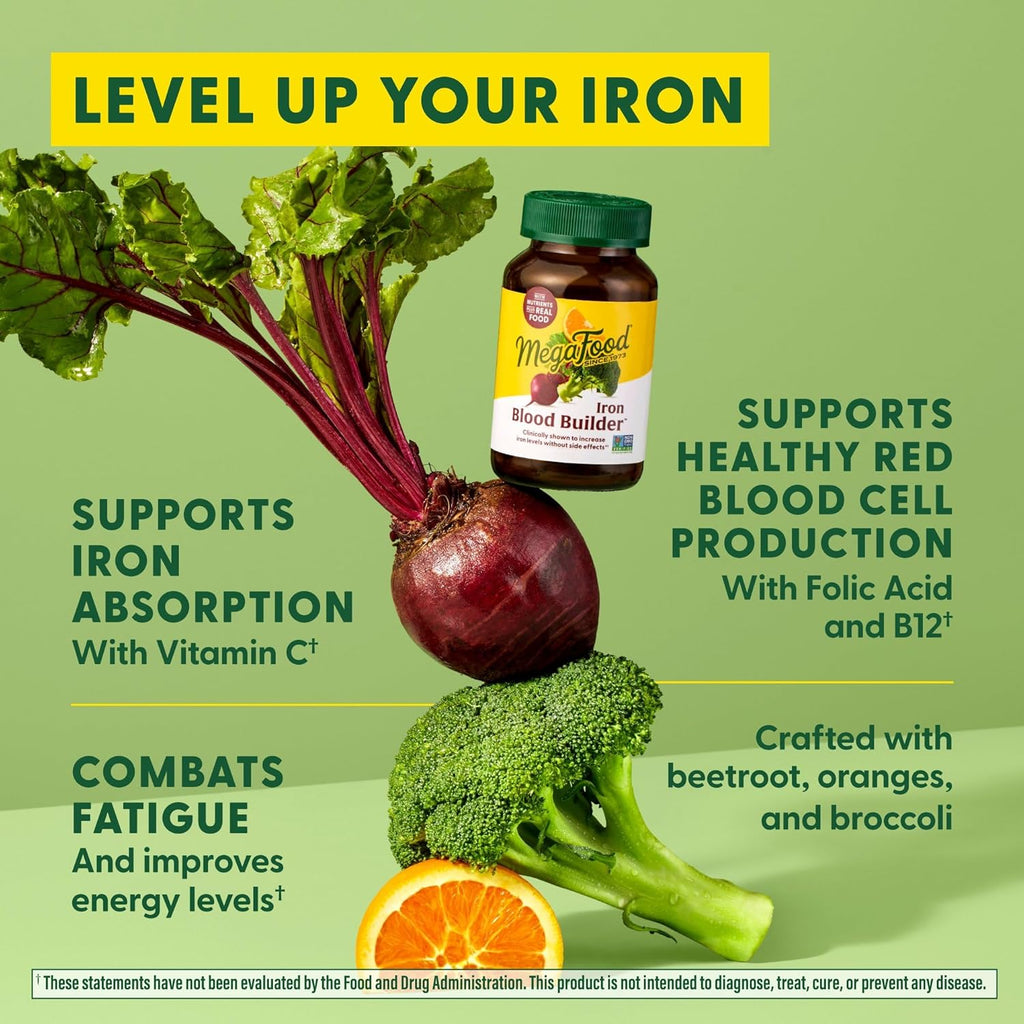 MegaFood Blood Builder Iron Supplement Clinically Shown to Increase Iron Levels Without Side Effects, Vegan Supplement for Women with Vitamin C, Vitamin B12 & Folic Acid, 30 Tablets