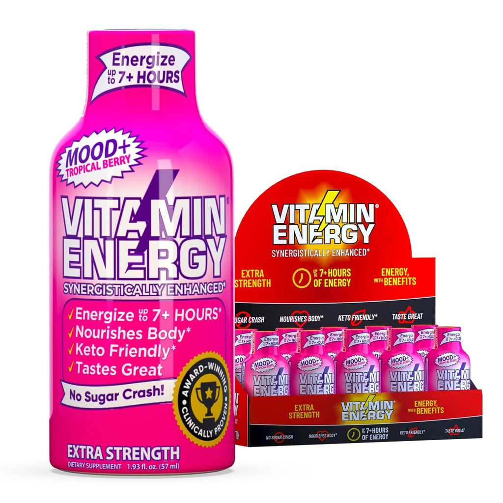 Vitamin Energy Mood+ Extra Strength Energy Shot Tropical Berry 10 Pack, 260mg Natural Caffeine, B-Vitamins, Rhodiola, Chamomile, Mood & Energy Support, Zero Sugar, Gluten-Free, Vegan, 1.93 fl oz