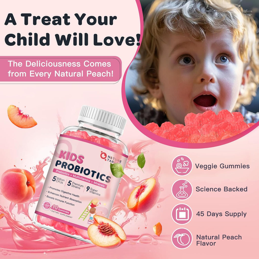 Probiotics for Kids, Kids Probiotic-Multivitamin Gummies with 5 Billion CFUs for Digestive Health & Immune Support, with Vitamins, Prebiotics, Minerals for Children, Natural Peach Flavor, 45 Servings