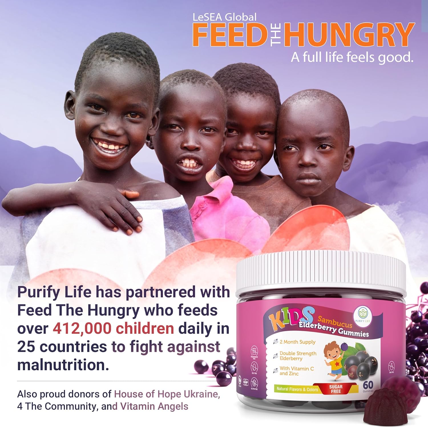 Purify Life Sugar-Free Kids Elderberry Gummies with Vitamin C & Zinc – Daily Immune Support Supplement for Children, Sambucus Antioxidant, Vegan, 60 Ct