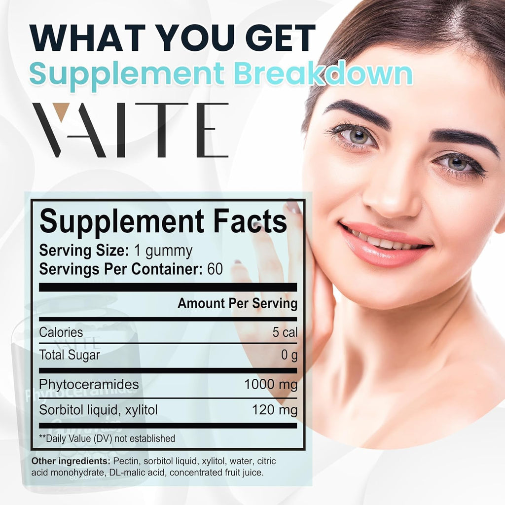 Phytoceramides Supplements Skin Hydration - 1000mg Gummies for Radiance & Youthful, Plant-Based Beauty Antioxidant Supplement for Women & Men, Supports Smoothness & Texture, 60 Vegan Chewables