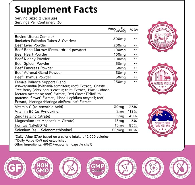 Beef Organ Supplement for Women | 9-Organ Formula with Herbal Support, Liver, Uterus, Ovary, Heart & Kidney for Feminine Balance & Energy | New Zealand Grass-Fed | 60 Capsules