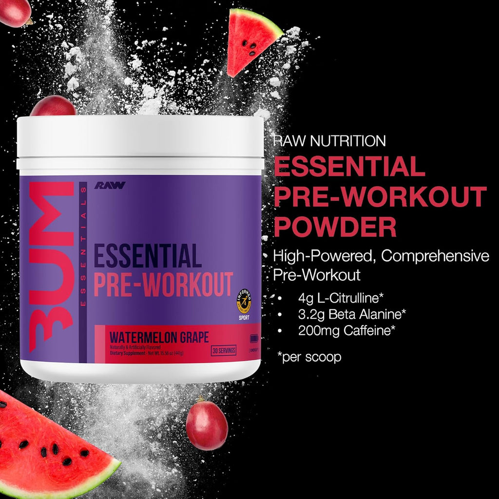 RAW Essential Pre-Workout Powder (Watermelon Grape) - Chris Bumstead Sports Nutrition Supplement for Men & Women - Preworkout Energy Powder with Caffeine, L-Citrulline, L-Tyrosine & Beta Alanine Blend