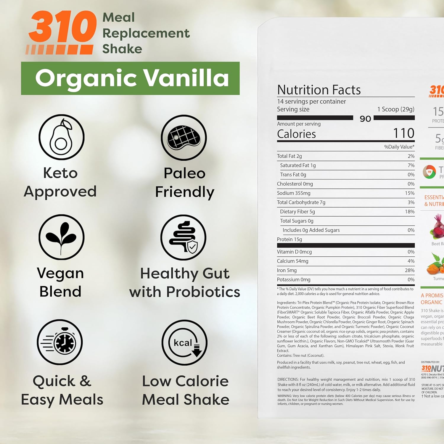 310 Nutrition Organic All-In-One Meal Replacement Shake Powder - Plant-Based Protein Smoothie Blend w/Fiber, Probiotics & Adaptogens - Low Carb, Vegan, Keto & Paleo - Vanilla - 28 Servings