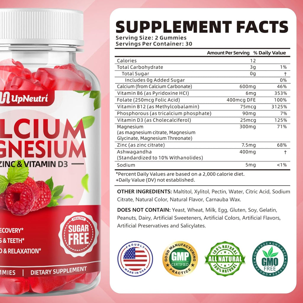 Calcium Magnesium Zinc with Vitamin D3 Supplement, Sugar Free Calcium Gummies for Women Men, High Absorption Zinc Gummies for Bone & Muscle & Immune Health, Vegan Raspberry Flavor - 60 Count