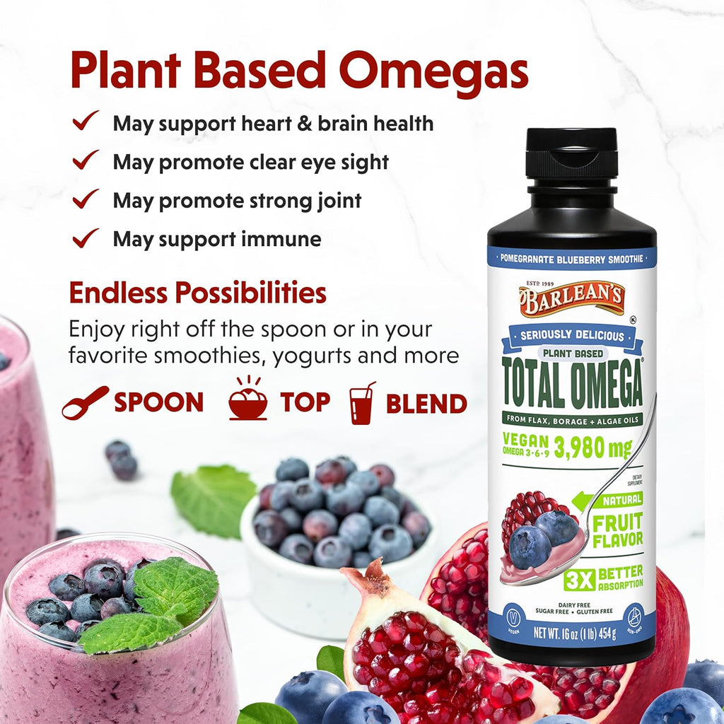Barlean's Liquid Flaxseed, Borage and Algae Oils Omega 3 Supplement, Pomegranate Blueberry Flavor, Vegan EPA and DHA, Flax and Borage Seed Oil with 3,980 mg of Omega-3-6-9, 16 oz