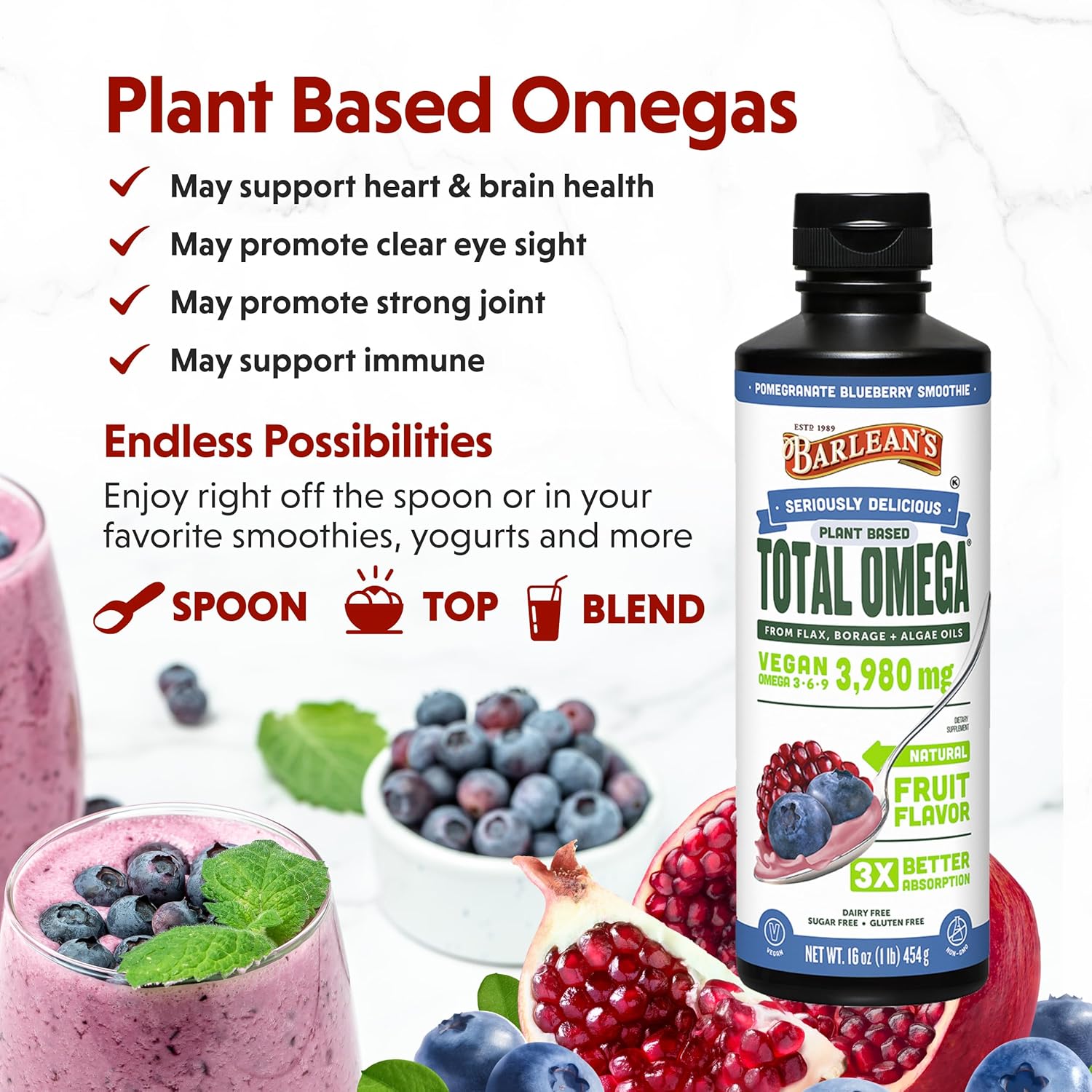 Barlean's Liquid Flaxseed, Borage and Algae Oils Omega 3 Supplement, Pomegranate Blueberry Flavor, Vegan EPA and DHA, Flax and Borage Seed Oil with 3,980 mg of Omega-3-6-9, 16 oz