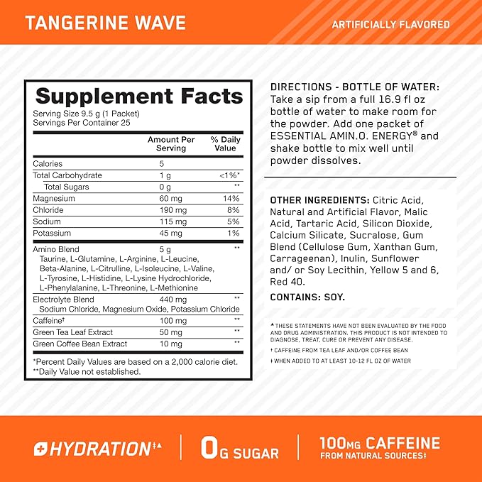 Optimum Nutrition Amino Energy Hydration Packets, On-The-Go Energy Powder Stick Packs, Tangerine Wave, 25 Count