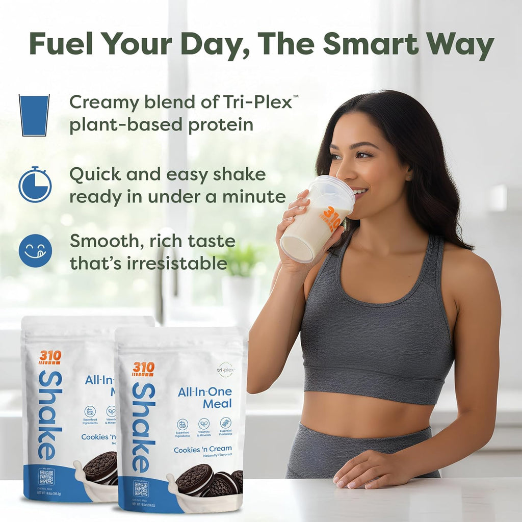310 Nutrition All-In-One Meal Replacement Shake Powder - Plant-Based Protein Smoothie Blend w/High Fiber, Probiotics & Adaptogens - Low Carb, Vegan, Keto & Paleo Friendly - Cookies N Cream - 28 Srv