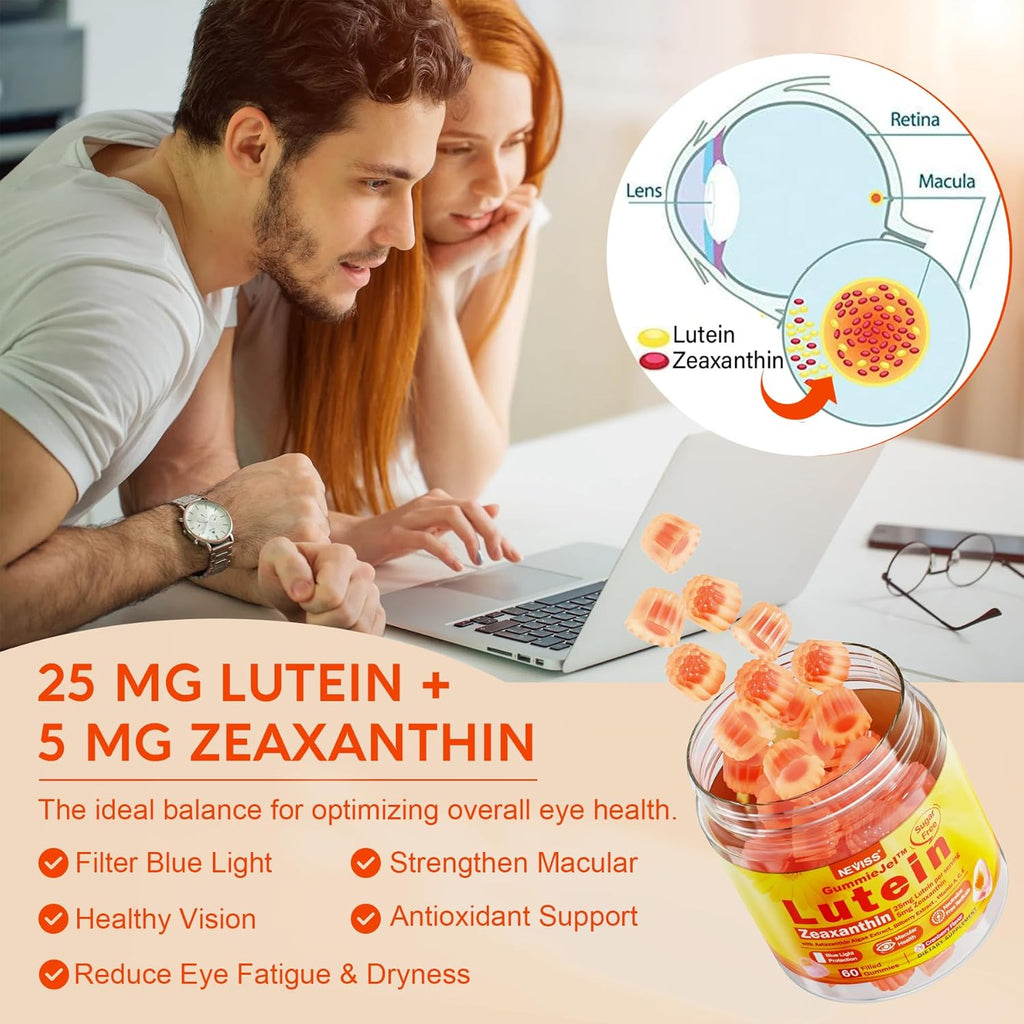 Sugar-Free Lutein Zeaxanthin Supplements Gummies (25mg) Vitamins A, C, E, Bilberry, Astaxanthin - Coconut Oil for Better Absorption - Adults & Teens Vision Health, Eye Strain, Dry Eyes - Vegan, 60Cts
