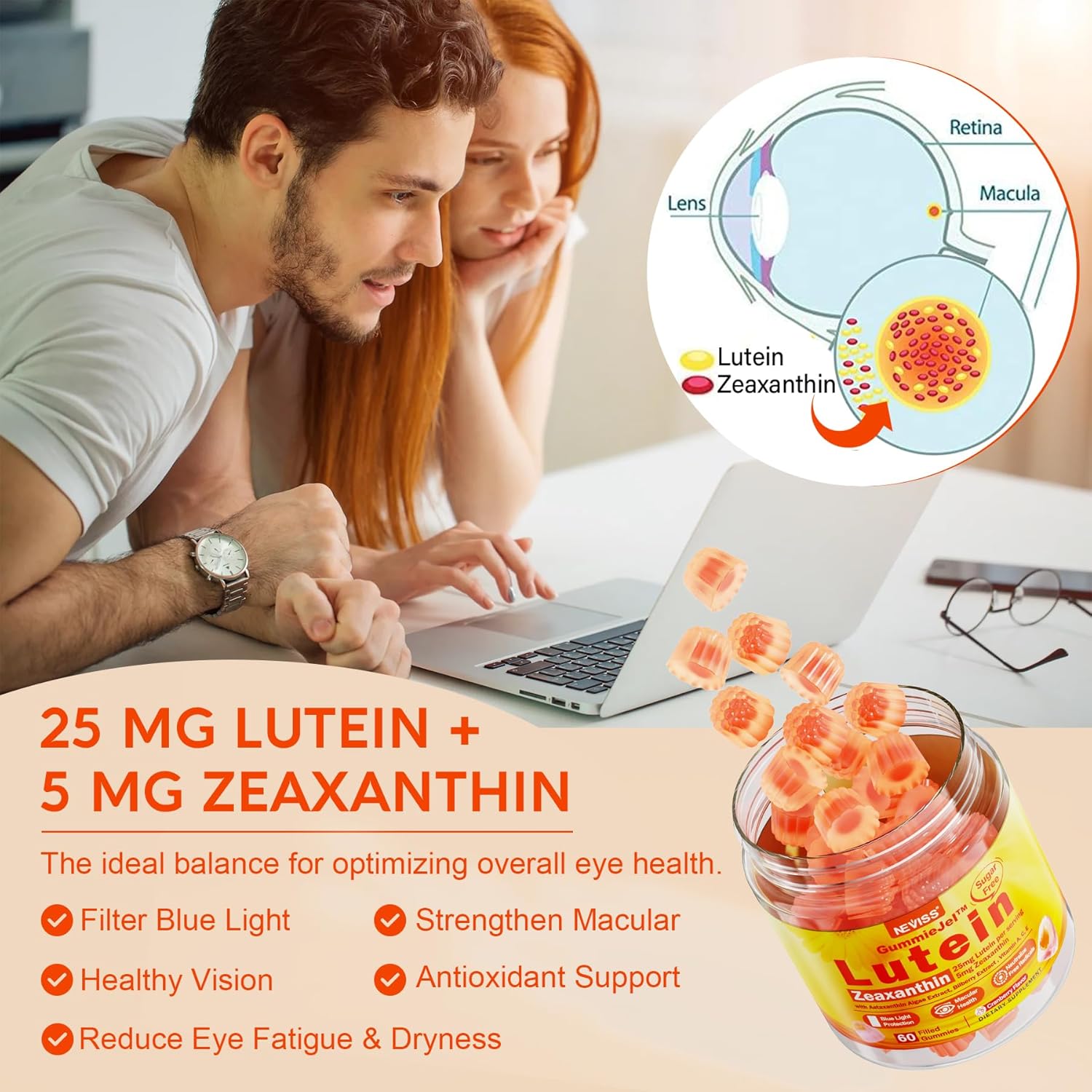 Sugar-Free Lutein Zeaxanthin Supplements Gummies (25mg) Vitamins A, C, E, Bilberry, Astaxanthin - Coconut Oil for Better Absorption - Adults & Teens Vision Health, Eye Strain, Dry Eyes - Vegan, 60Cts