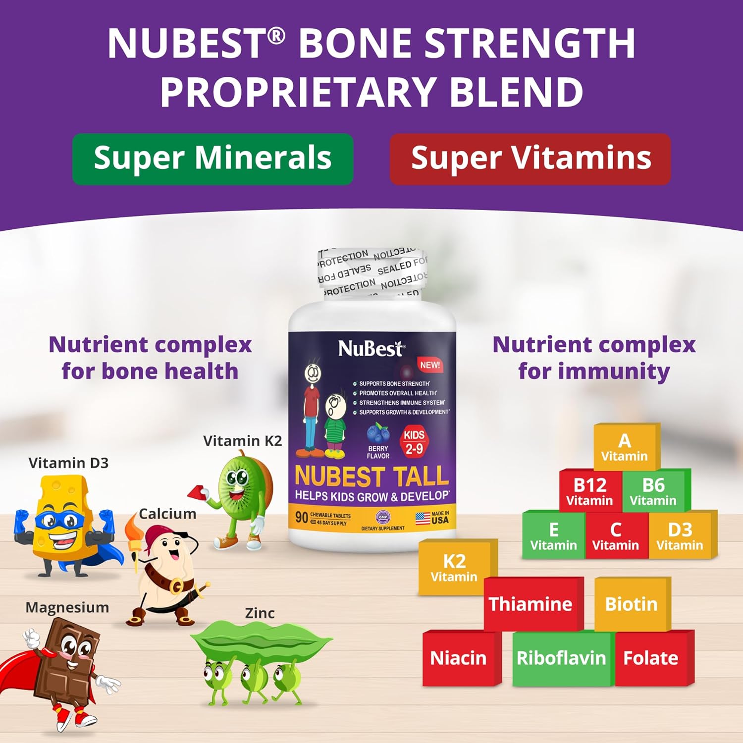 NuBest Tall Kids - Toddlers Vitamins and Kids Vitamins for Age 2 to 9 - Bone Strength, Brain Growth and Immunity with Multivitamins & Minerals | 90 Chewable Tablets | 6 Pack