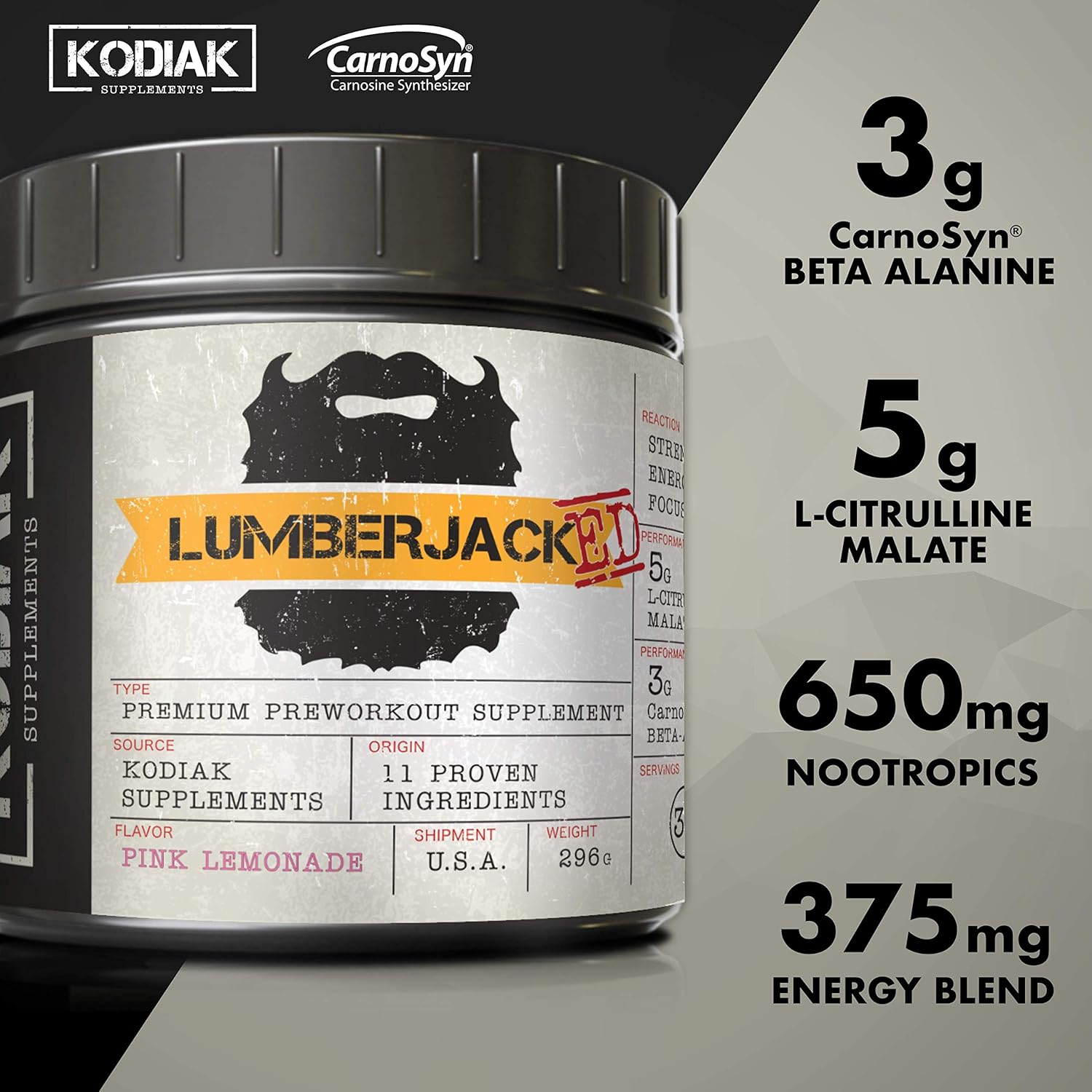 LUMBERJACKED Pre Workout Supplement with CarnoSyn 30 Servings - Better Pumps, Strength, Energy, and Focus - No Crash (Pink Lemonade)