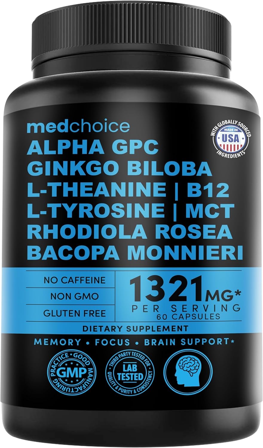 12-in-1 Nootropic Ginkgo Biloba for Brain Support, Memory and Focus - B12, Alpha GPC, L Theanine and Choline Supplements with Bioperine Non Caffeinated 1321mg (60ct)