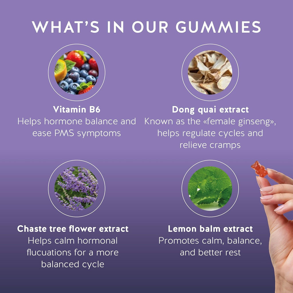 PMS Support Supplement for Women. Menstrual Relief Gummies to Target Hormonal Breakouts, Bloating, Period Cramps, & Mood Swings. Vegan, with Vitamin B6 & Lemon Balm, 60 Gummies