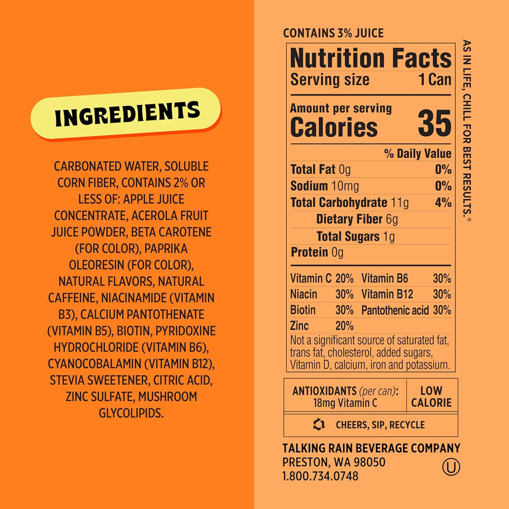 Popwell Orange Cream Caffeinated Better-For-You Prebiotic Soda, with 6g Fiber, 1g Sugar, Vitamins and Immunity Support, 12 fl oz Cans (pack of 12)