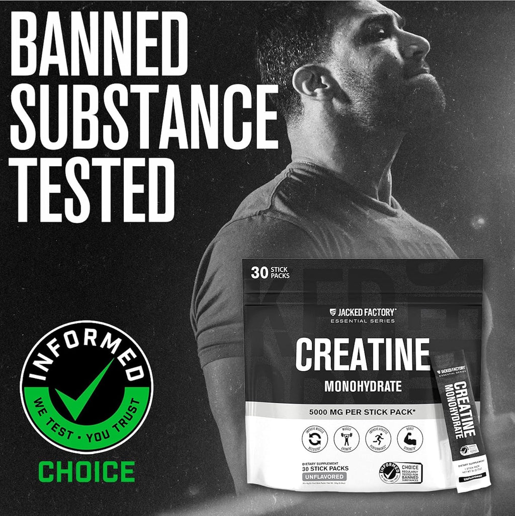 Jacked Factory Creatine Monohydrate Stick Packs 150g - 5g Daily Creatine Supplement for Men and Women, Vegan-Friendly, Third-Party Tested - 30 Servings, Unflavored