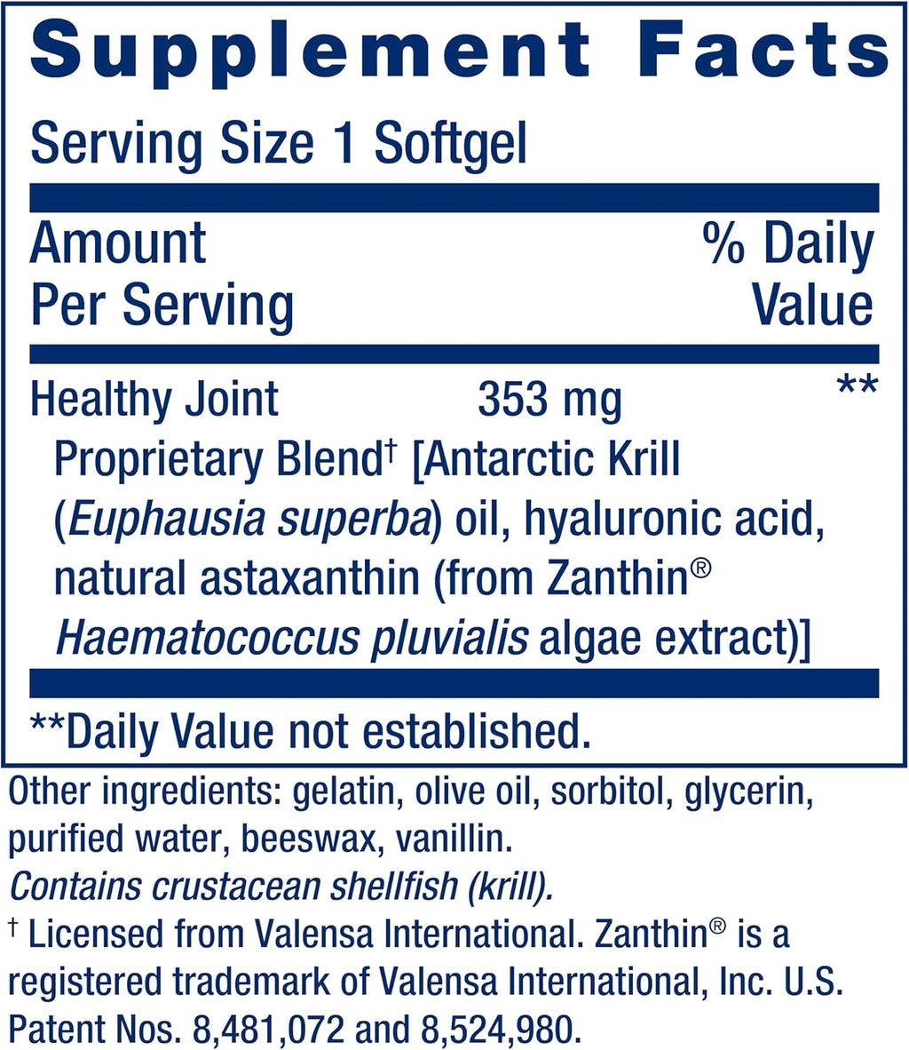 Life Extension Krill Healthy Joint Formula, Krill Oil, hyaluronic Acid, The carotenoid astaxanthin for Healthy Joints, Healthy Body, Gluten-Free, Non-GMO, 30 softgels