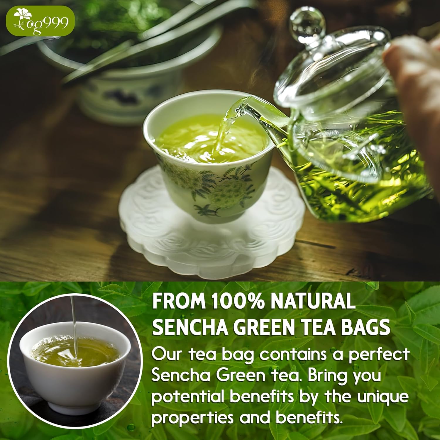 TOG999, Premium 60 Sencha Green Tea Bags, 100% Natural & Pure from Sencha Green Tea Leaves. Loose Leaf Sencha Herbal Tea. No Sugar, No Gluten, Vegan.
