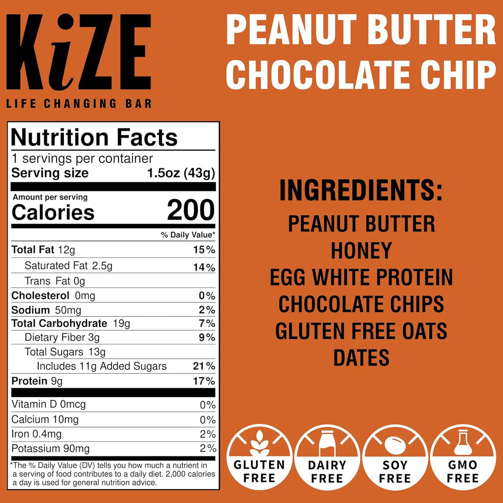 KiZE Energy Bars - Peanut Butter Chocolate Chip & Cookie Dough Bundle - 20-Count - Gluten Free, Dairy Free Options, Non-GMO, and High Protein Meal Replacement Energy Bars, Clean and Simple Food Ingredients - 10g High Protein Snacks (20 Count)