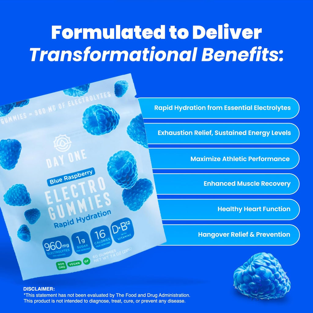 Day One Electrogummies - 60pcs of Blue Raspberry Flavored Electrolyte Gummies for Hydration and Recovery - Packed with Essential Electrolytes Ideal for Workouts, Running, Hiking and More