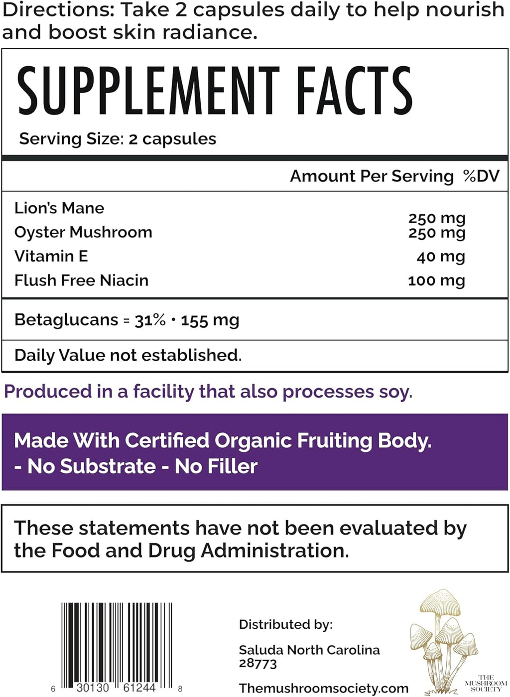 Skin Rejuvenation Supplement - Inner Skin Glow & Cellular Repair Formula – Lion’s Mane, Oyster, Vitamin E, Niacin + Beta-Glucans – Antioxidant + Beauty Blend - 120 Vegan Capsules