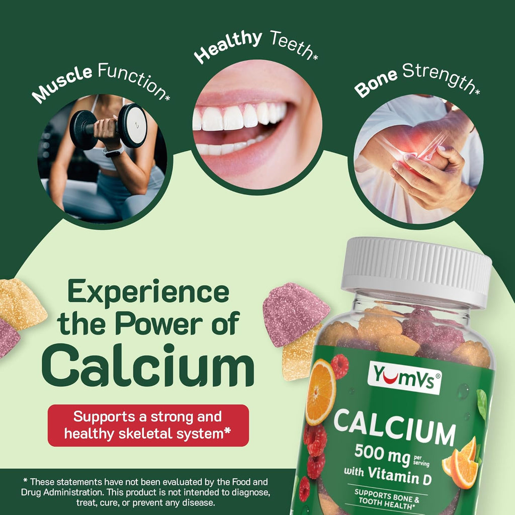 YumVs Calcium 500mg with Vitamin D3 - Raspberry & Orange Flavor Calcium Vitamin D Gummies, Chewable Calcium Supplement for Kids & Adults, Vitamin D Calcium Gummies (60 Count (Pack of 2))