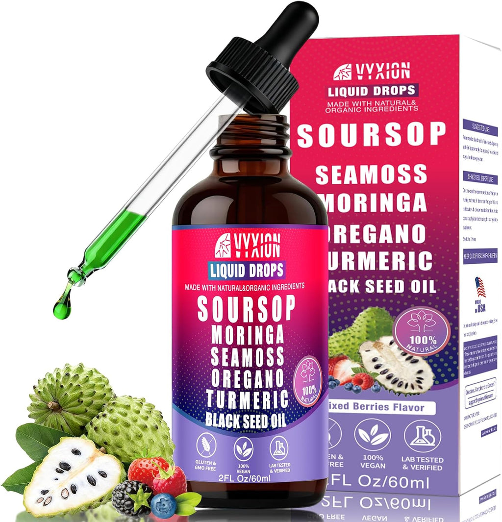 Soursop Bitters Liquid Drops 10 in 1 with Sea Moss, Moringa, Turmeric, Black Seed Oil, Oregano, Ashwagandha | Herbal Extracts for Overall Health-Enhancing |Vegan, Non-GMO| 2 Fl Oz(Mixed Berry Flavor)
