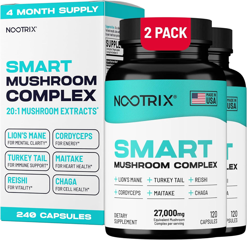 Smart Mushrooms Complex Supplement | Supports Memory, Mental Focus, Cognitive Health & Energy | 27,000mg Organic Mushrooms | Lions Mane, Reishi, Cordyceps, Chaga & Turkey Tail | 240 Capsules