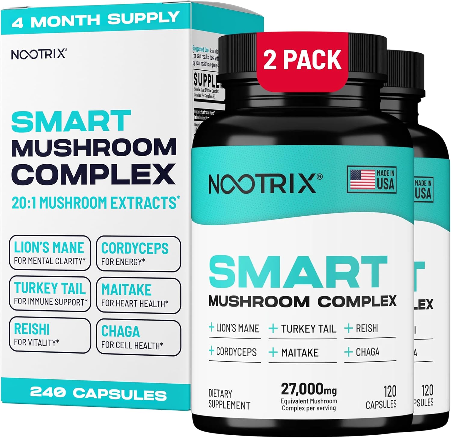 Smart Mushrooms Complex Supplement | Supports Memory, Mental Focus, Cognitive Health & Energy | 27,000mg Organic Mushrooms | Lions Mane, Reishi, Cordyceps, Chaga & Turkey Tail | 240 Capsules