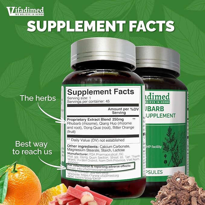 Rhubarb,Gut Motility Assist for Bowel Movement and Regularity,Constipation Relief,Bloating & Gas Relief,Mucus Production Activator,Lining & Microbiome Support, 45 Capsules