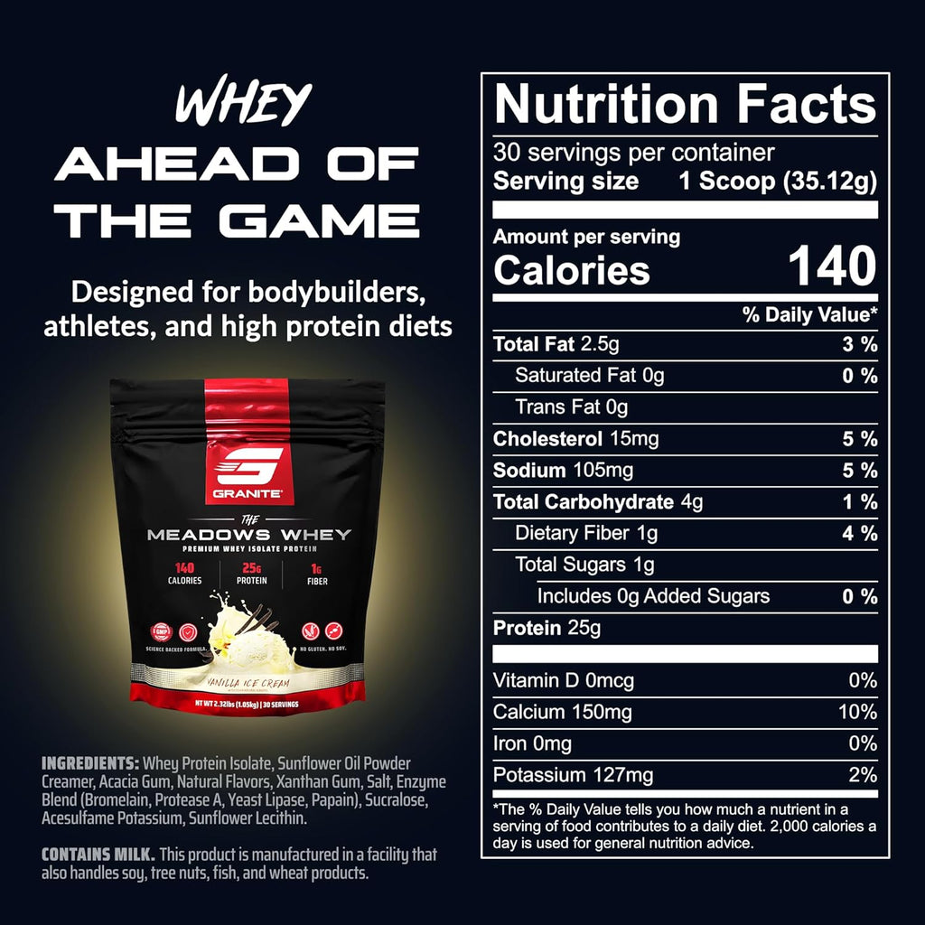 Granite Supplements The Meadows Whey Protein Isolate Protein Powder for Lean Muscle with 150 Calories, 2g Fiber, 1g Sugar (30 Servings), Vanilla Ice Cream Flavor