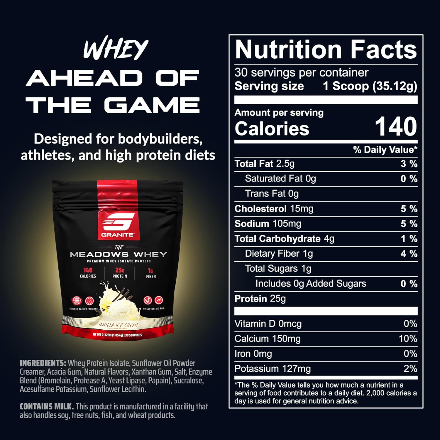 Granite Supplements The Meadows Whey Protein Isolate Protein Powder for Lean Muscle with 150 Calories, 2g Fiber, 1g Sugar (30 Servings), Vanilla Ice Cream Flavor