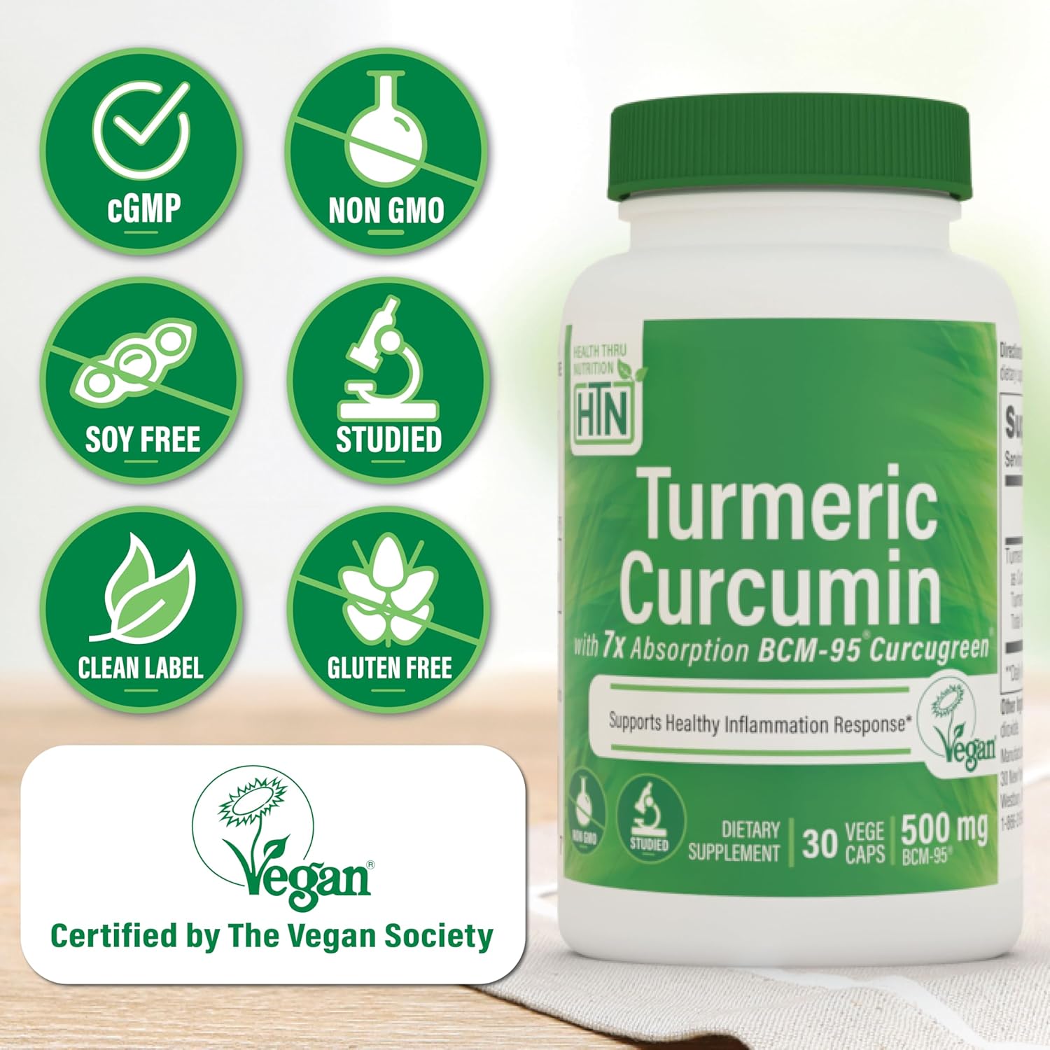 Health Thru Nutrition Turmeric Curcumin Complex 500mg | as BCM-95 Curcugreen Clinically Studied | Vegan Certified | (Non-GMO and Hypoallergenic (Pack of 30)
