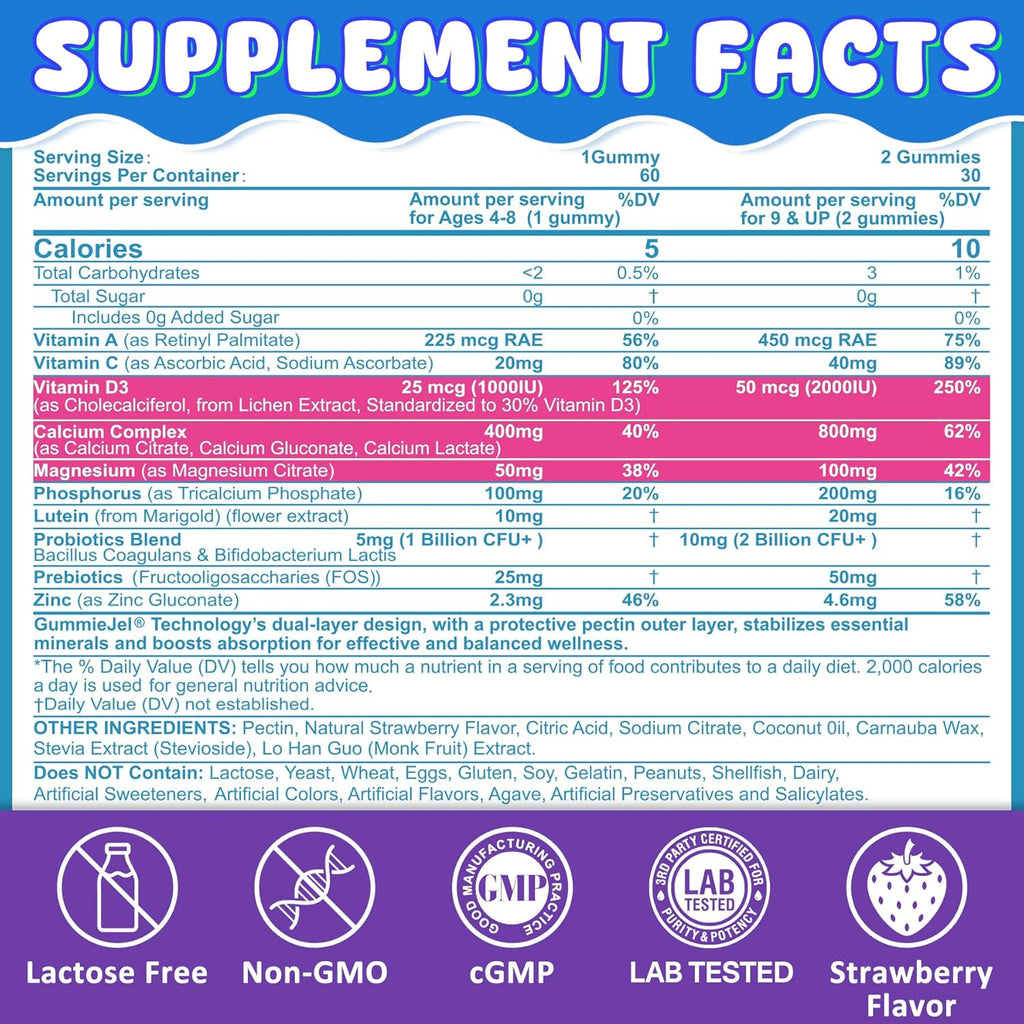 Kids Calcium Gummies + D3 & Magnesium for 4+, with Calcium Citrate Calcium Gluconate, Calcium Lactate, Probiotics & Prebiotics for Children Bone Health,Muscle Support,Digestive Health,Sugar Free 60Cts