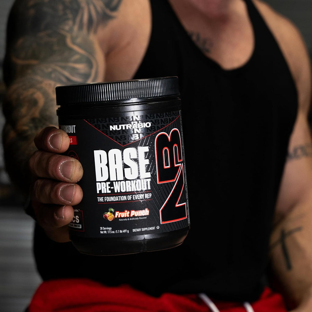 NutraBio Base Pre-Workout Powder 200mg Caffiene, Sustained Energy, Focus, Endurance, Pump, Sugar Free, Clean Preworkout for Men and Women - Beta Alanine, L-Tyrosine, 30 Servings - Fruit Punch