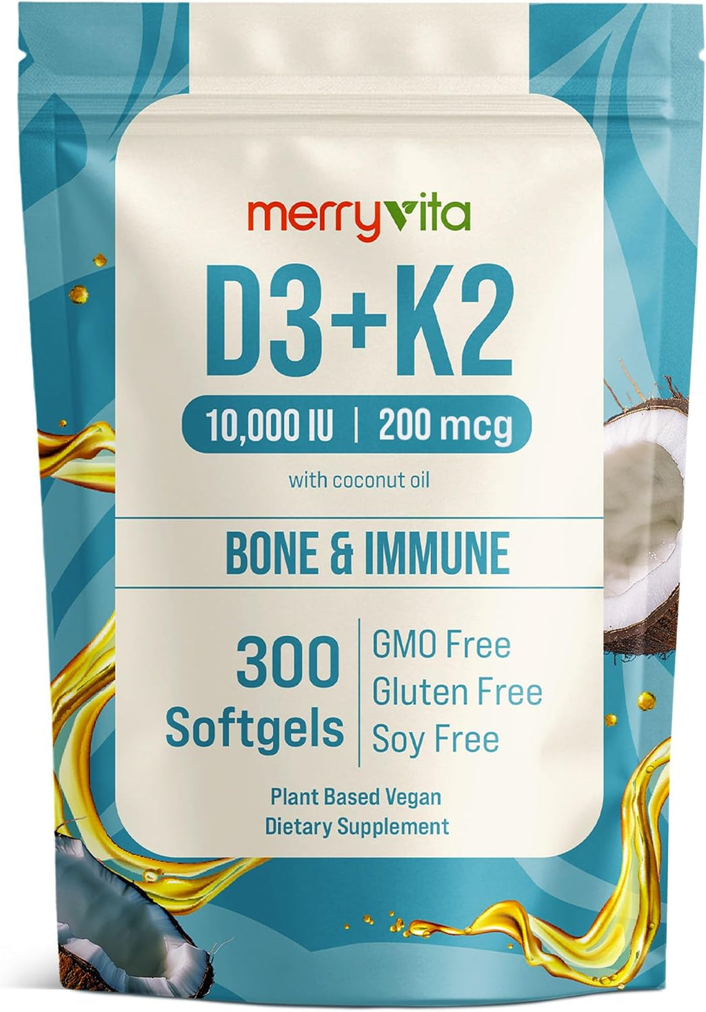 Vitamin D3 K2 300 Softgels – 10000 IU & 200 MCG K2 MK7 – Plant-Based, Vegan, Non-GMO, Gluten-Free – Coconut Oil – Immune, Bone & Muscle Support – D3 con K2 vitamina Supplement