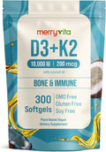 Vitamin D3 K2 300 Softgels – 10000 IU & 200 MCG K2 MK7 – Plant-Based, Vegan, Non-GMO, Gluten-Free – Coconut Oil – Immune, Bone & Muscle Support – D3 con K2 vitamina Supplement