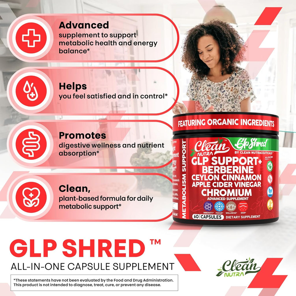 GLP1 Supplement Berberine Ceylon Cinnamon Apple Cider Vinegar Chromium Turmeric PCOS Supplements Immunity & Metabolism Support 60 Vegan Capsules by Clean Nutra