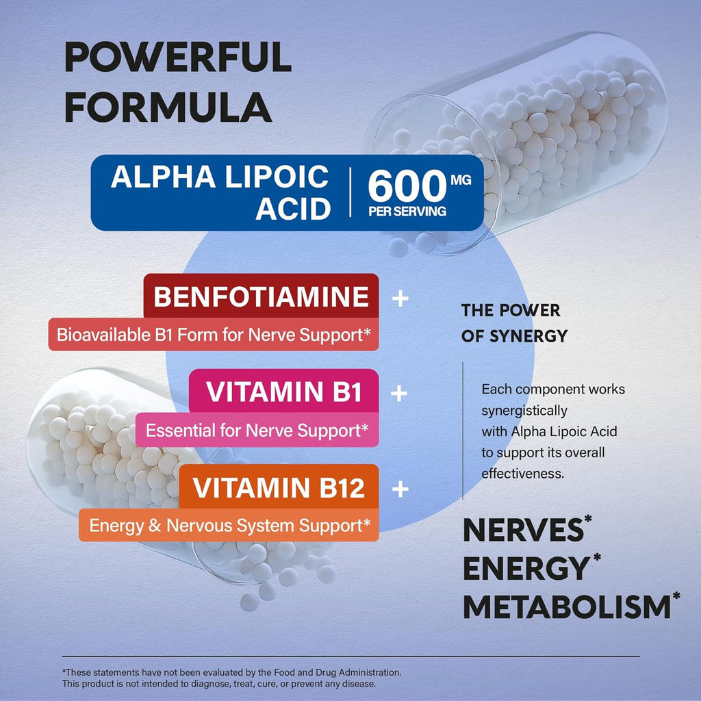 Alpha Lipoic Acid 600mg - ALA Supplement Antioxidant for Nerve, Energy & Metabolism Support - Extra Strength with Benfotiamine, B1 & B12 - Lab Tested, Non-GMO & Vegan - 120 Capsules, 2 Month Supply