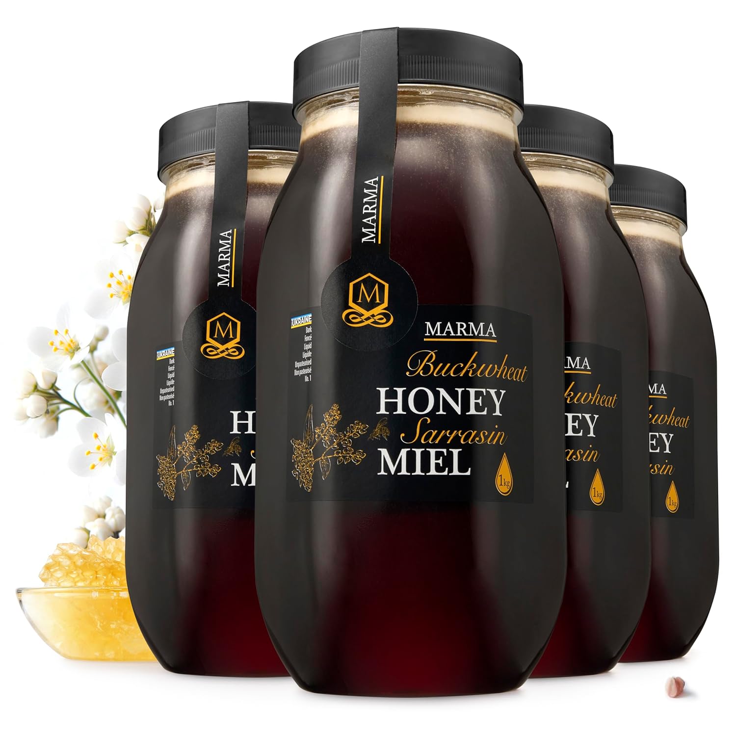 HONIGMA® Raw Honey | Exquisite Taste | 100% Pure | Unpasteurized | Unfiltered | Partially crystallized | (35.2 Fl Oz (Pack of 4), Buchwheat)
