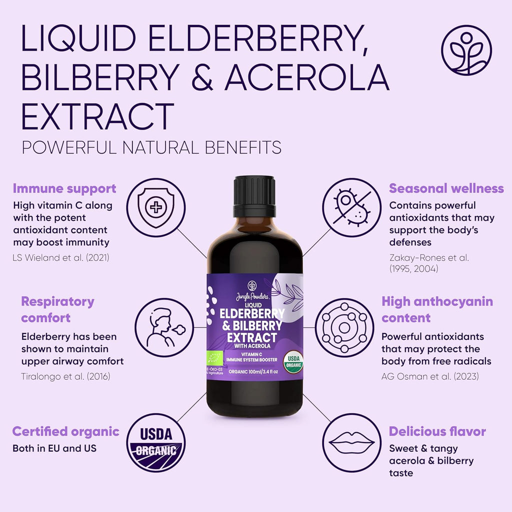 Organic Elderberry Syrup with Liquid Wild Bilberry Extract for Eyes 3.4oz Bottle USDA Certified Sambucus Immune Support Supplement - Acerola for Vitamin C Alcohol-Free High Bioavailability Anthocyanin