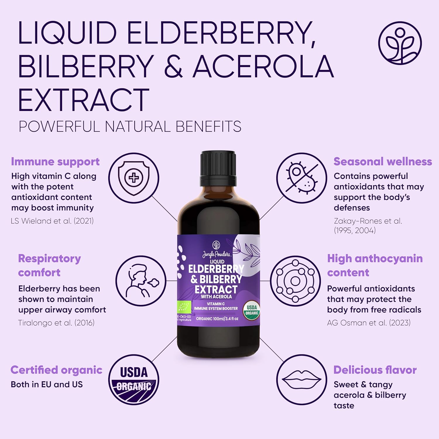 Organic Elderberry Syrup with Liquid Wild Bilberry Extract for Eyes 3.4oz Bottle USDA Certified Sambucus Immune Support Supplement - Acerola for Vitamin C Alcohol-Free High Bioavailability Anthocyanin