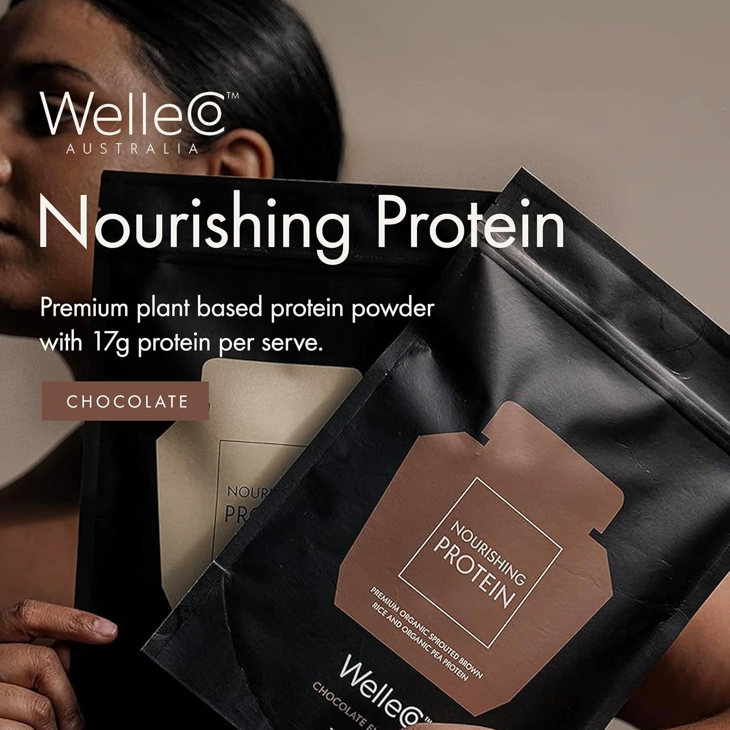 WelleCo Vegan Protein Powder, Gluten Free Premium Organic Sprouted Brown Rice & Pea Protein Blend, 6g Carbs & Dairy Free, for Energy, Muscle Recovery, 16g Protein Per Serving, Chocolate, 35.2oz Pouch