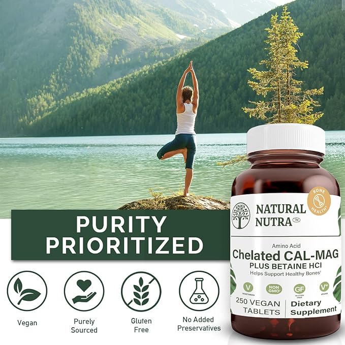 Natural Nutra Chelated Calcium Magnesium 1000/500 mg Supplements Plus Betaine HCL - Chelated Cal Mag Improves Bone Density, Supports Muscle, Teeth, Cardiovascular & Nerve Health, 250 Vegan Tablets