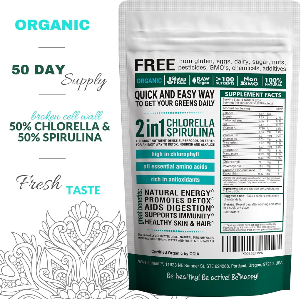 Organic Spirulina Chlorella Tablets - 50 Servings - 2-in-1 Superfood Algae Supplement for Natural Immune Support, Detox and Energy Boost. Broken Cell Wall. Organic Chlorophyll. Espirulina