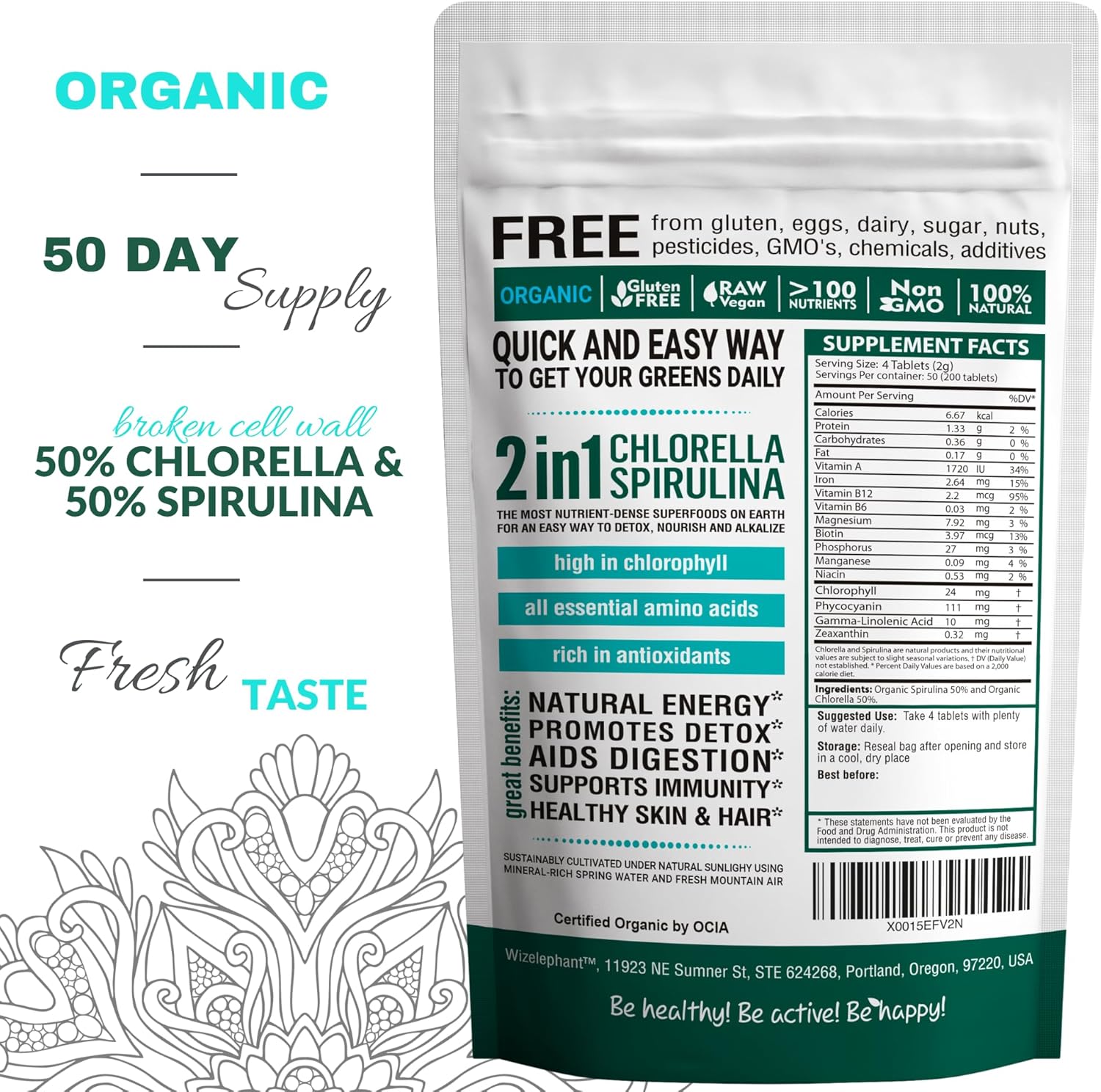 Organic Spirulina Chlorella Tablets - 50 Servings - 2-in-1 Superfood Algae Supplement for Natural Immune Support, Detox and Energy Boost. Broken Cell Wall. Organic Chlorophyll. Espirulina