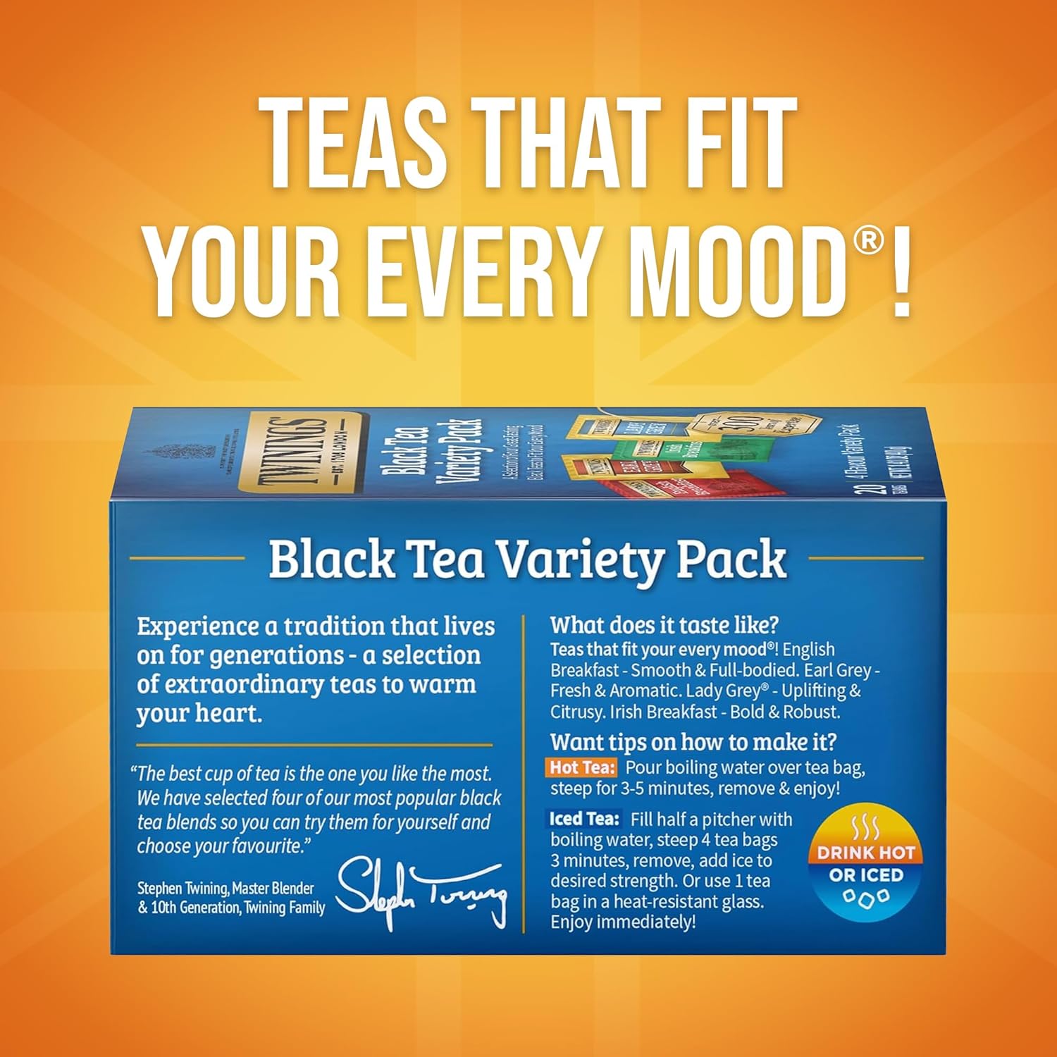 Twinings Variety Pack Black Tea Bags, 20 Count (Pack of 6), Includes English Breakfast, Early Grey, Irish Breakfast, and Lady Grey, Caffeinated, Enjoy Hot or Iced, 120 Teabags